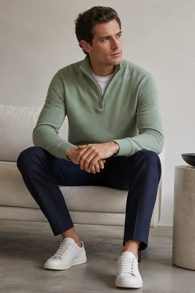 A sage green quarter zip over a white tee, paired with navy suit trousers and white sneakers. The photo shows the suit fabric texture and sneaker contrast.