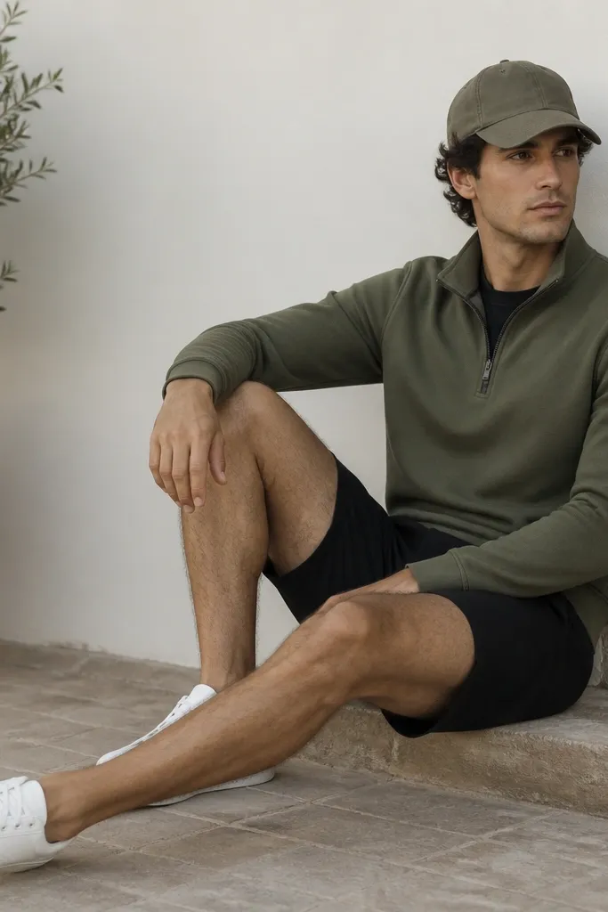A moss green quarter zip worn over a black tee, paired with black shorts and an olive baseball cap. White low-top sneakers complete the outfit.