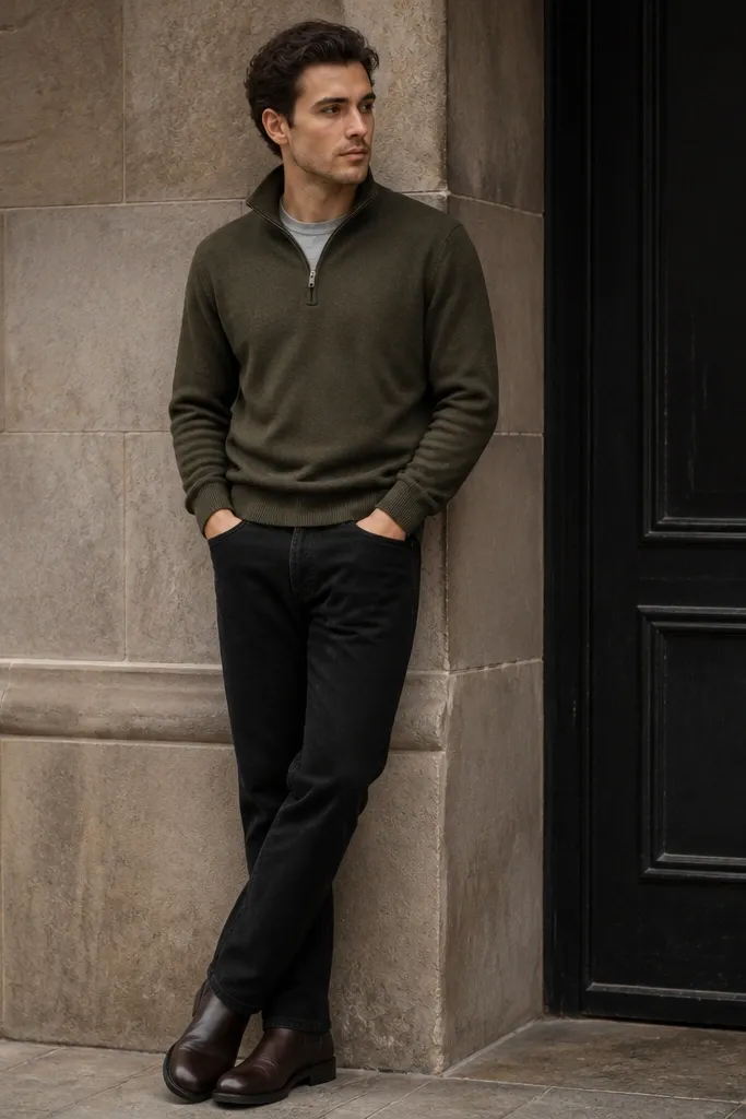 A deep olive quarter zip worn over a light grey crewneck, paired with black straight-leg jeans and dark brown boots. The image shows a layered neck with no visible logos.