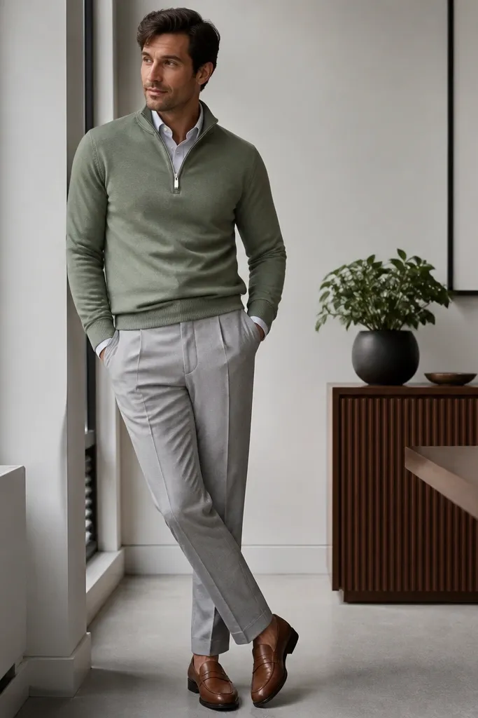 A sage green quarter zip worn over a white chambray button-up, paired with light grey wool trousers and brown leather loafers. The photo shows a clean, office-friendly look.