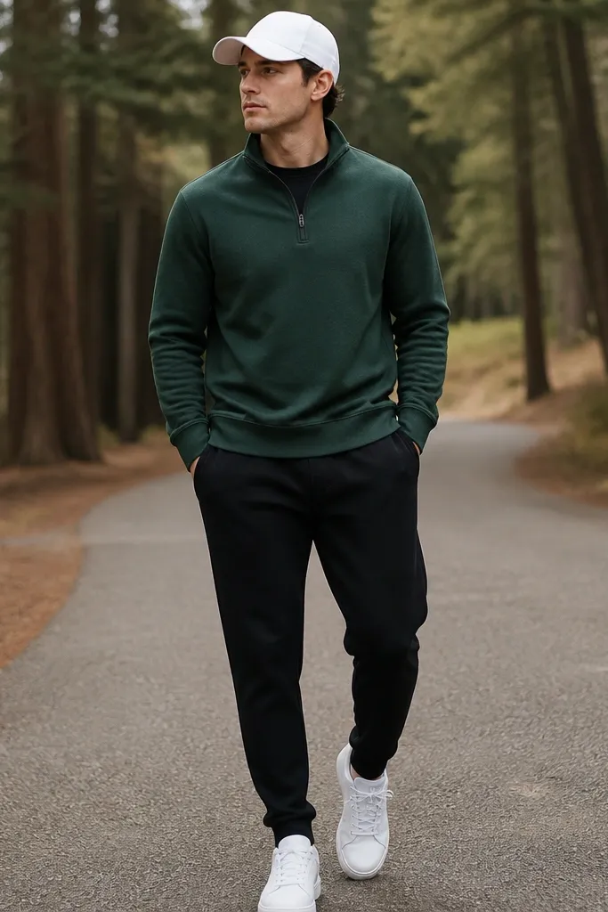 A forest green quarter zip over a black tee, paired with black structured sweatpants and a white baseball cap. White sneakers are visible at the bottom.