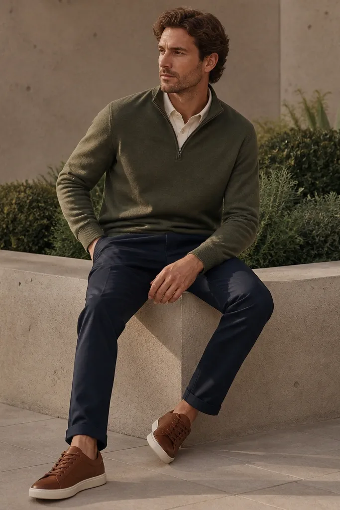 An olive green quarter zip layered over a cream knit polo, paired with navy chinos and brown leather sneakers. The image shows the polo collar peeking under the quarter zip.