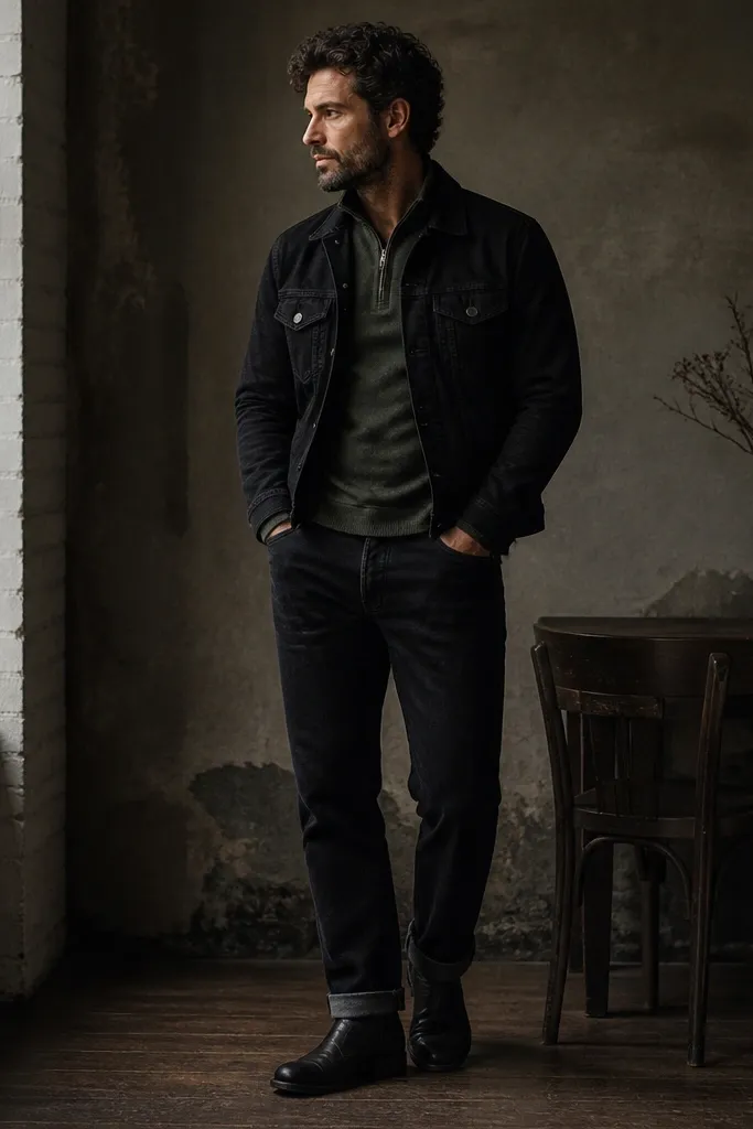 A heather green quarter zip peeking from under a black denim jacket, paired with black selvedge jeans and black boots. The image shows dark layering with visible texture.