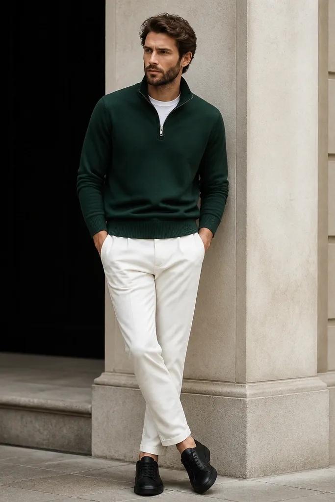 A deep forest green quarter zip over a white tee, paired with white tapered trousers and black leather sneakers. The photo shows a high-contrast modern look.