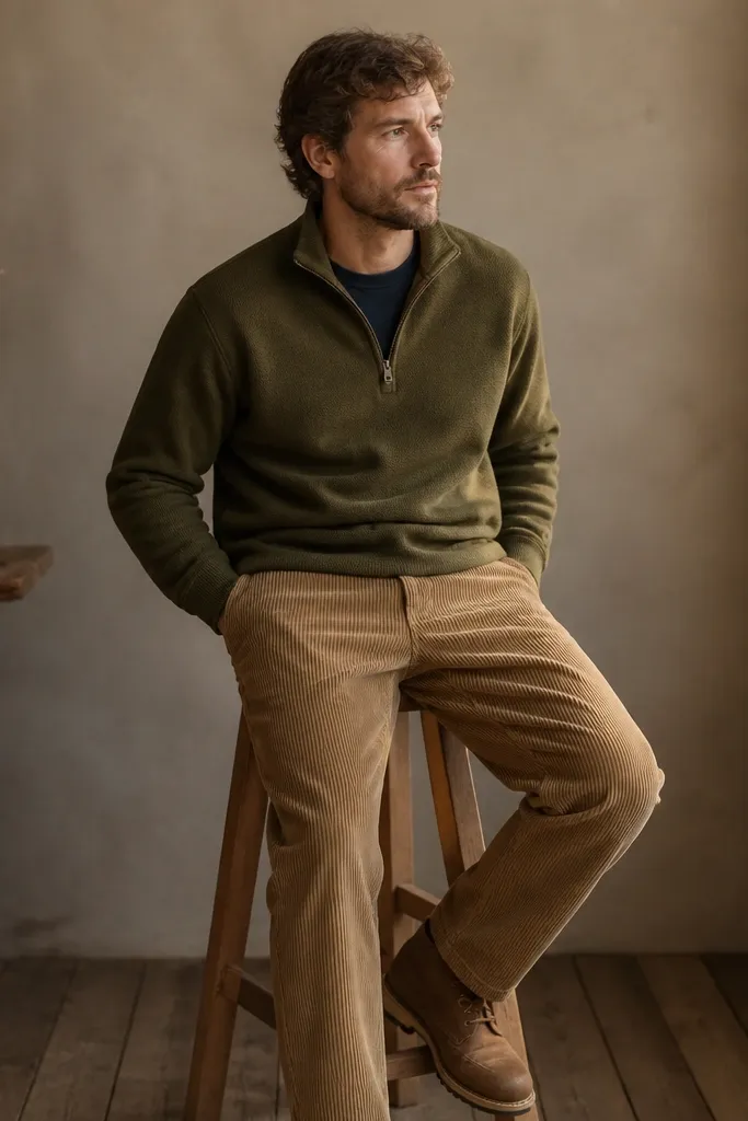 An olive quarter zip worn over a navy crewneck, paired with tan corduroy pants and brown work boots. The photo highlights the corduroy ribs.
