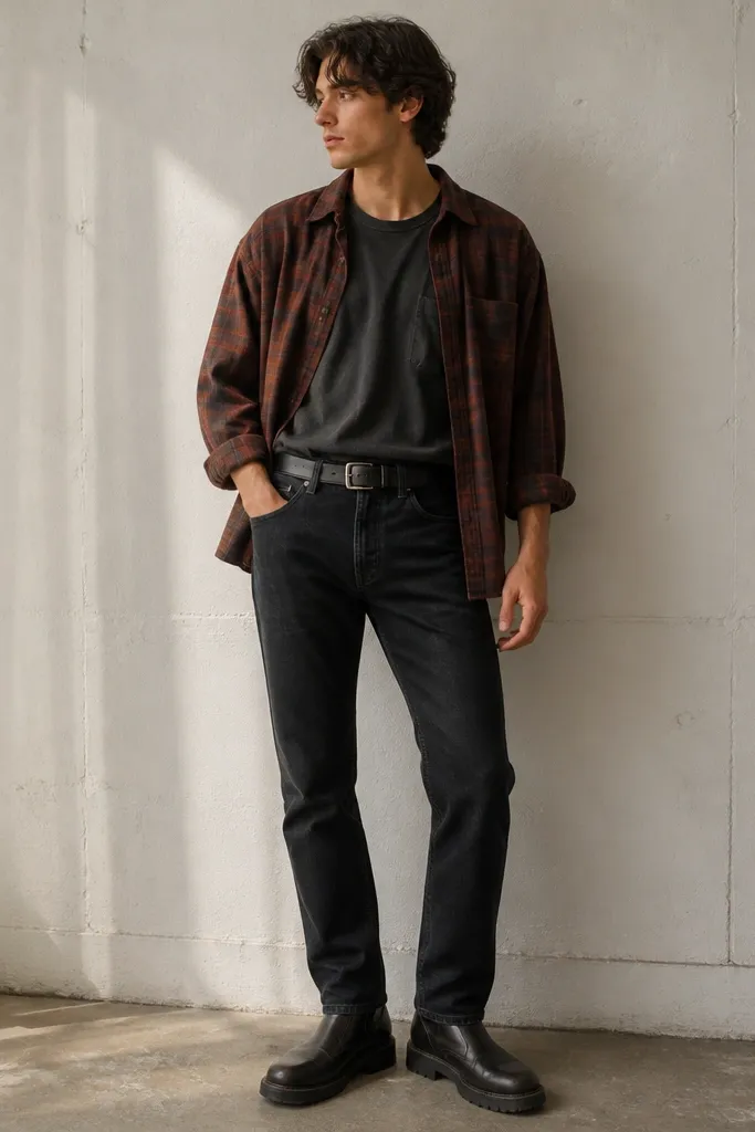 A model wearing a faded black band T-shirt under a rust-red flannel. The flannel is left open, with the T-shirt front tucked about 2-3 inches. Dark wash boots with thick soles and a black leather belt are shown. The flannel looks slightly worn, and the sleeves are rolled once.