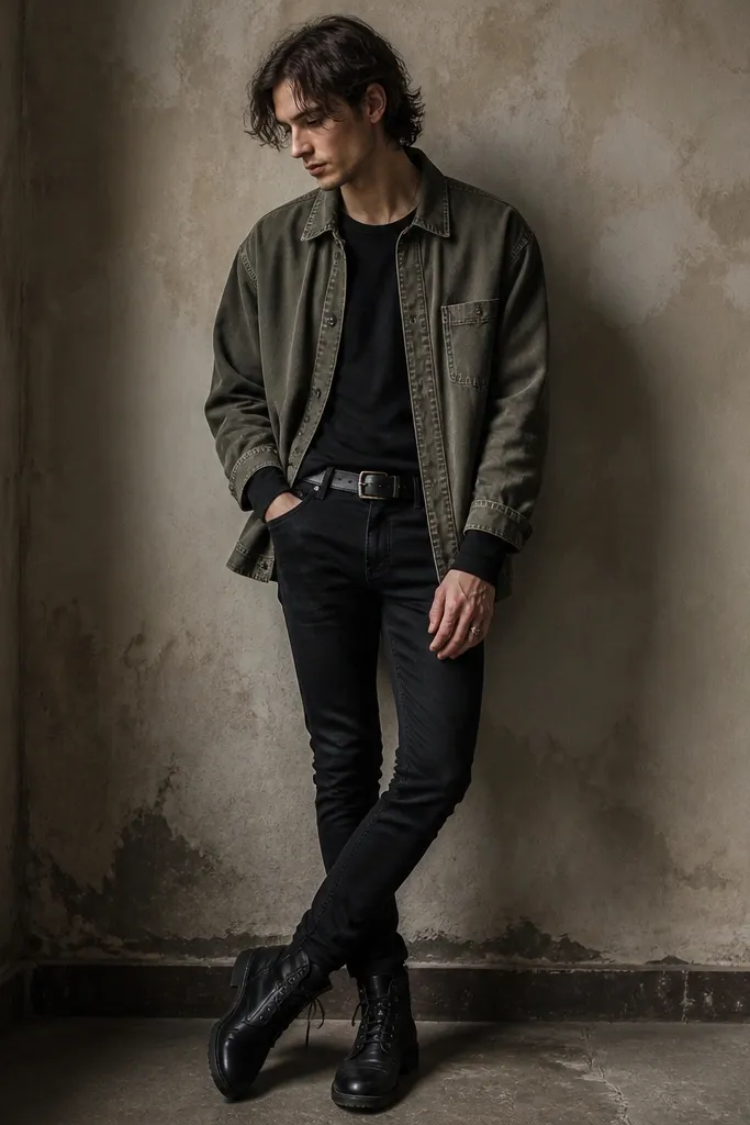 A dark grunge outfit featuring a washed olive overshirt worn open over a black long-sleeve. The wearer has black skinny jeans and a worn black belt. The overshirt has visible seam fading and a matte finish. Black lace-up boots and a simple silver ring are pictured.
