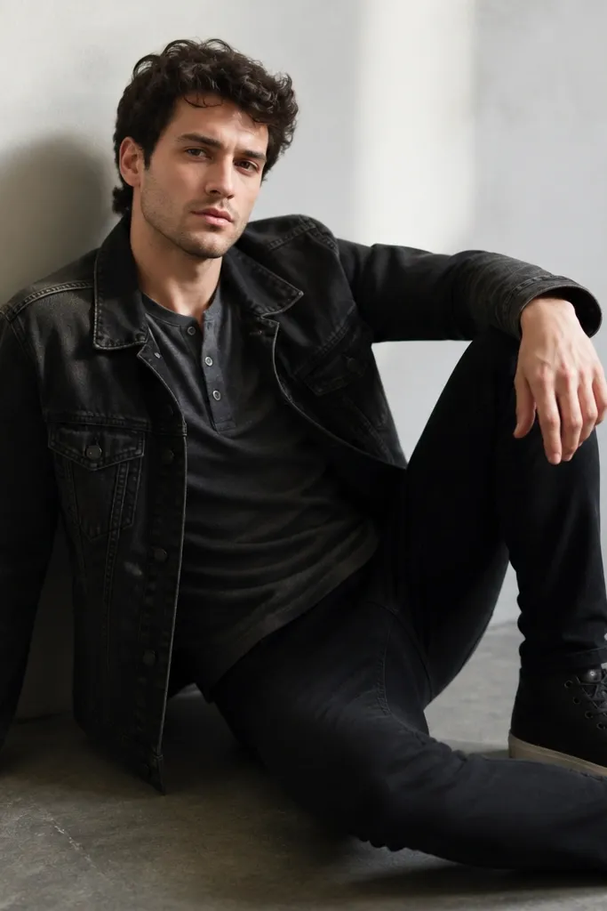 A charcoal henley shirt layered under a black denim jacket. The henley has three buttons and a slightly stretchy knit look. The denim jacket is faded at the shoulders and elbows. The outfit includes black jeans and black high-top sneakers with white soles cropped in frame.
