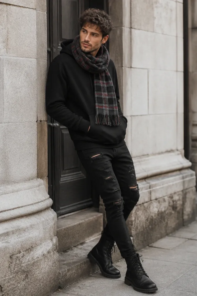 A black hoodie with the hood down. A plaid flannel scarf is looped around the neck with one end hanging forward. The wearer has distressed black jeans and black combat boots. The plaid pattern shows muted red and gray stripes.