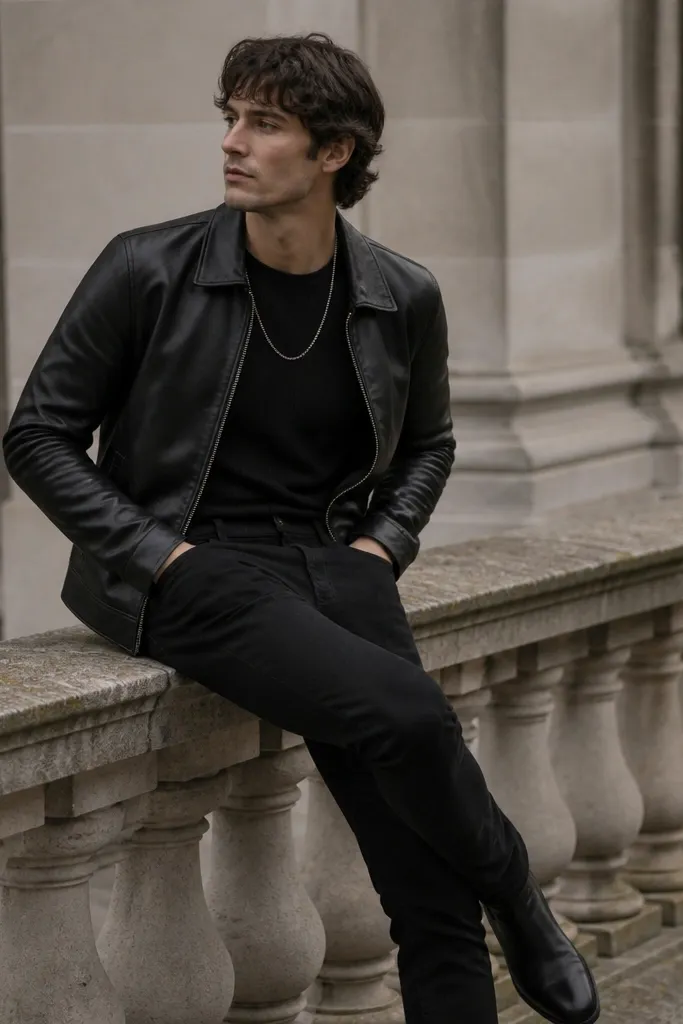 A black leather jacket worn over a ribbed black T-shirt. A thin silver chain hangs from the collar area, catching light slightly. The leather shows subtle creasing at the elbows. The wearer wears slim black jeans and black Chelsea boots.