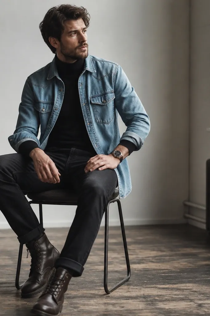 A faded light-blue denim shirt worn open over a black turtleneck. The denim looks worn at the seams and has a relaxed collar. The wearer has black jeans and dark brown lace-up boots. A watch with a dark strap is visible.