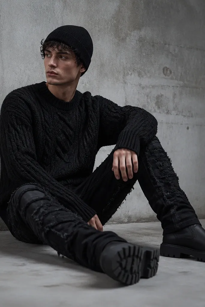 A black cable-knit sweater paired with heavily textured distressed black jeans. The sweater sleeves are pulled slightly down and the knit pattern is clearly visible. The wearer has a black beanie and black boots with thick soles. The scene shows matte fabrics and minimal shine.