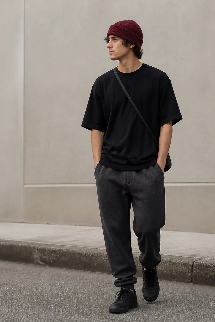 A black oversized tee worn with charcoal joggers and an oxblood beanie. The tee hangs with a slightly wrinkled drape. The wearer has black low-top sneakers and a small crossbody bag strap visible. The beanie is deep wine red.
