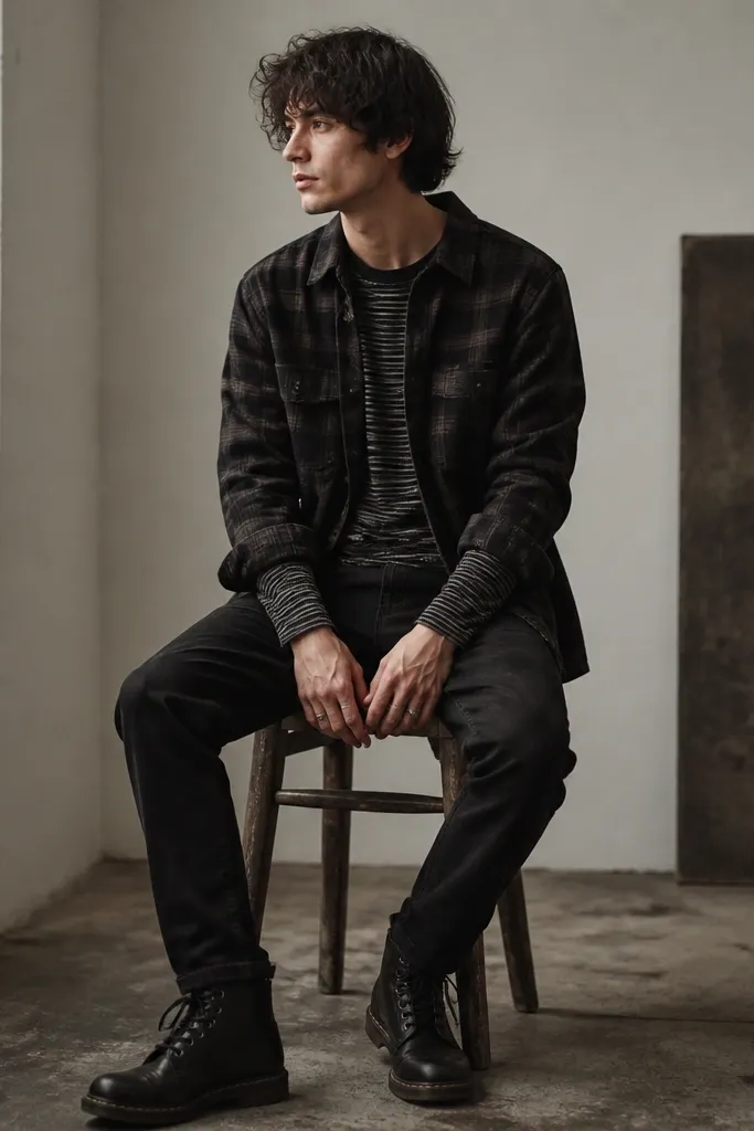A black-and-gray striped long sleeve peeking out under an open flannel. The flannel is darker, with a black base and muted checks. The wearer shows rolled cuffs with stripes visible at the wrists. The outfit includes black jeans and black boots.