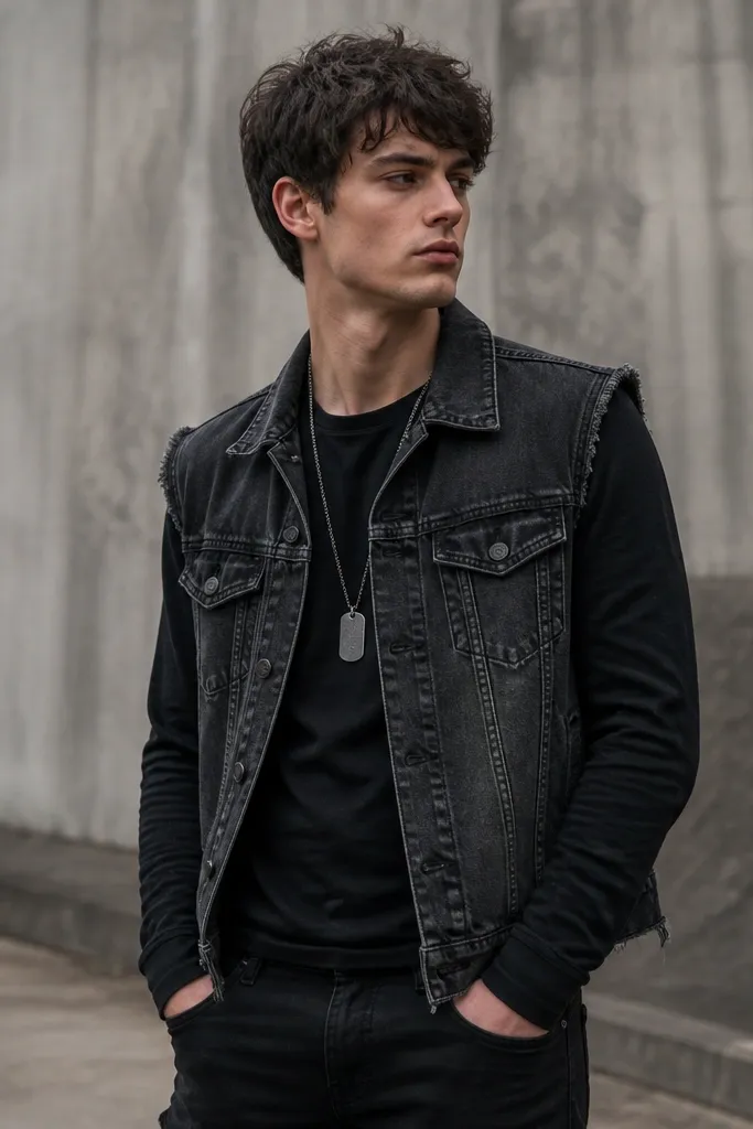 A long sleeve in black worn under a black t-shirt, then layered with a denim cut-off vest. The vest has frayed armholes and uneven hem. The wearer wears black jeans and a silver dog tag necklace. The denim is faded at the seams.