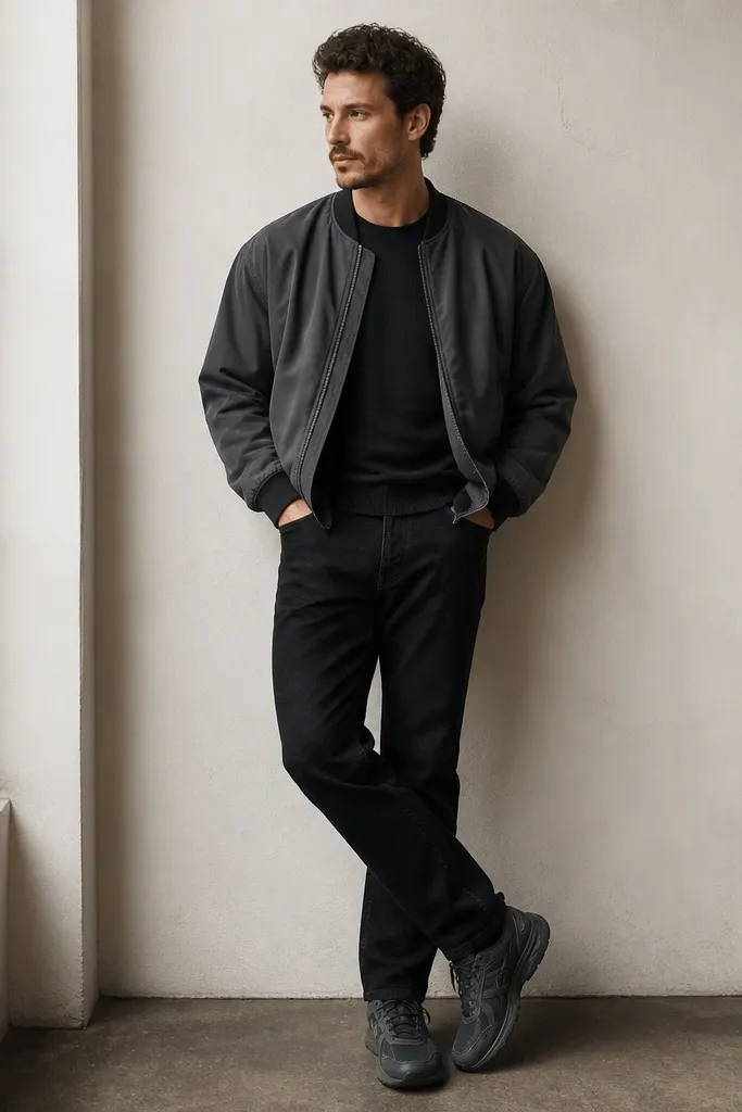 A charcoal bomber jacket over a black thermal tee. The thermal has a waffle knit texture and a crew neckline that shows slightly above the bomber zipper. The bomber is matte and slightly wrinkled. The wearer has black jeans and gray-black sneakers.
