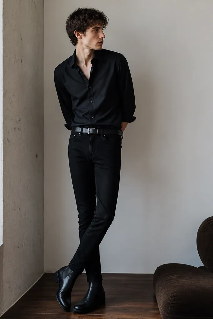 A black button-up shirt worn untucked with the back hem slightly rolled up. A skinny black belt is visible at the waist. The wearer has slim black jeans and a black leather belt with a small buckle. Shoes are black Chelsea boots.