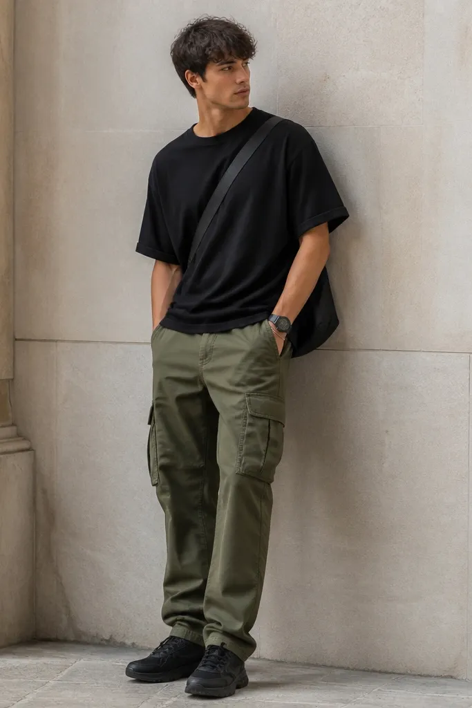 Olive cargo pants with visible pockets and a black oversized tee. The wearer has a black watch and a second thin bracelet stacked. The outfit includes black sneakers and a dark crossbody bag. The tee bunches slightly at the hem.