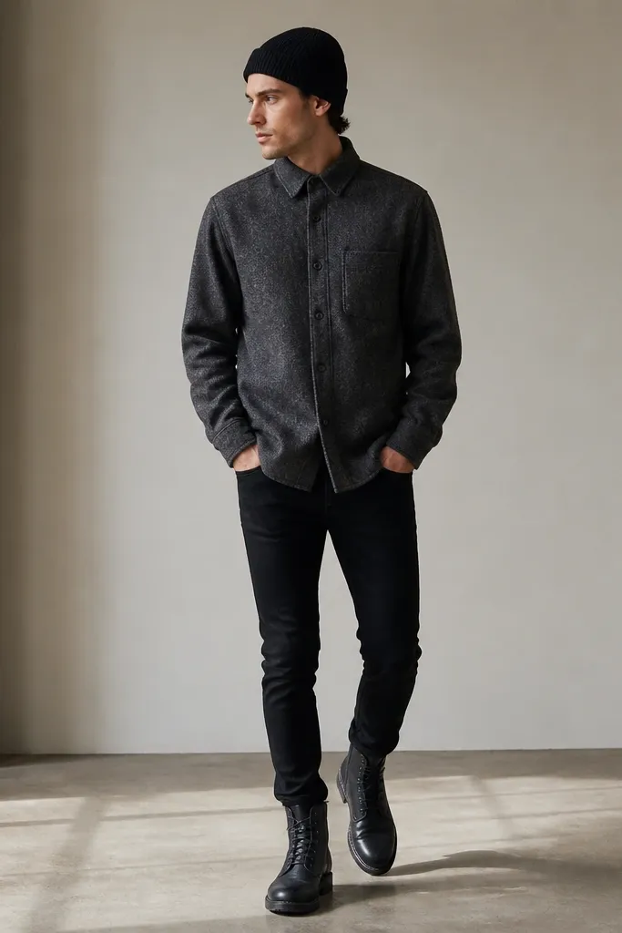 A charcoal flannel buttoned up with a black knit beanie. The flannel is thick and slightly fuzzy. The wearer has slim black jeans and black boots. The shirt cuffs sit at the wrists, and the collar stands slightly.