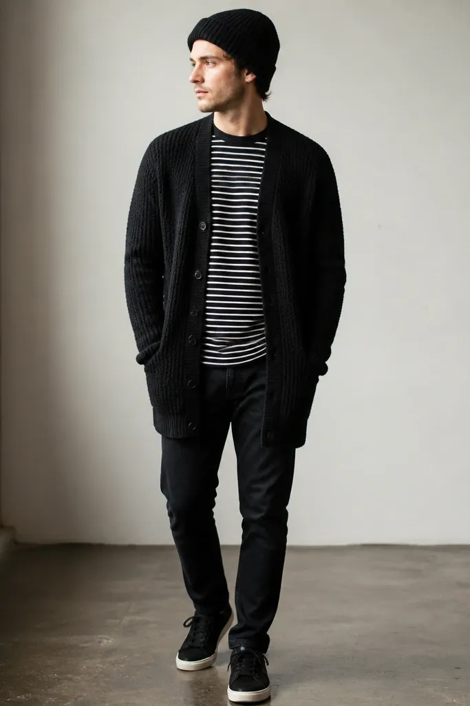 A black longline cardigan worn over a black-and-white striped tee. The cardigan hem falls past the waistband over black jeans. The wearer has a black beanie and dark sneakers. The cardigan has a chunky knit and visible buttons.