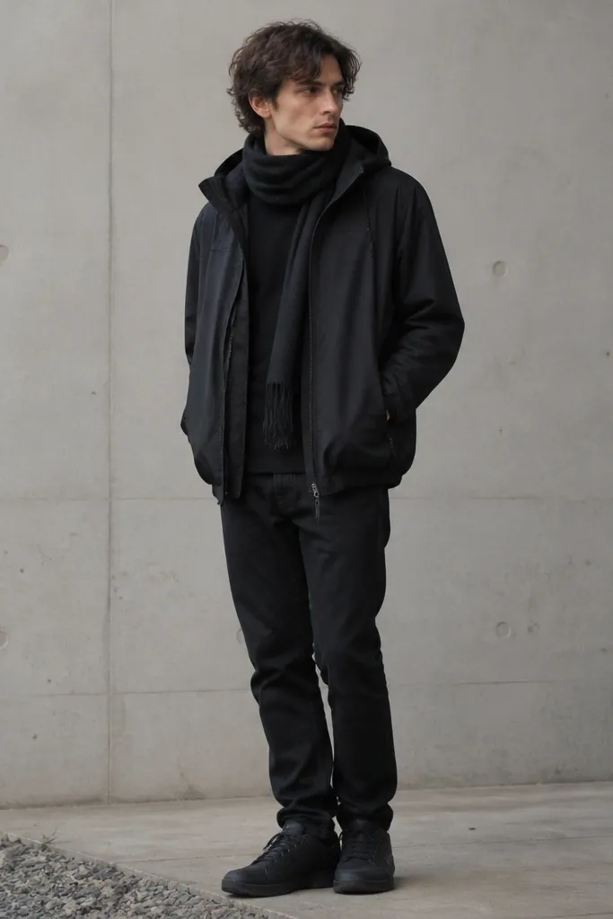 A black nylon windbreaker worn over a black tee. A dark scarf is wrapped around the neck with one tail hanging. The windbreaker has a matte finish and a slightly oversized hood. The wearer has black jeans and black sneakers.