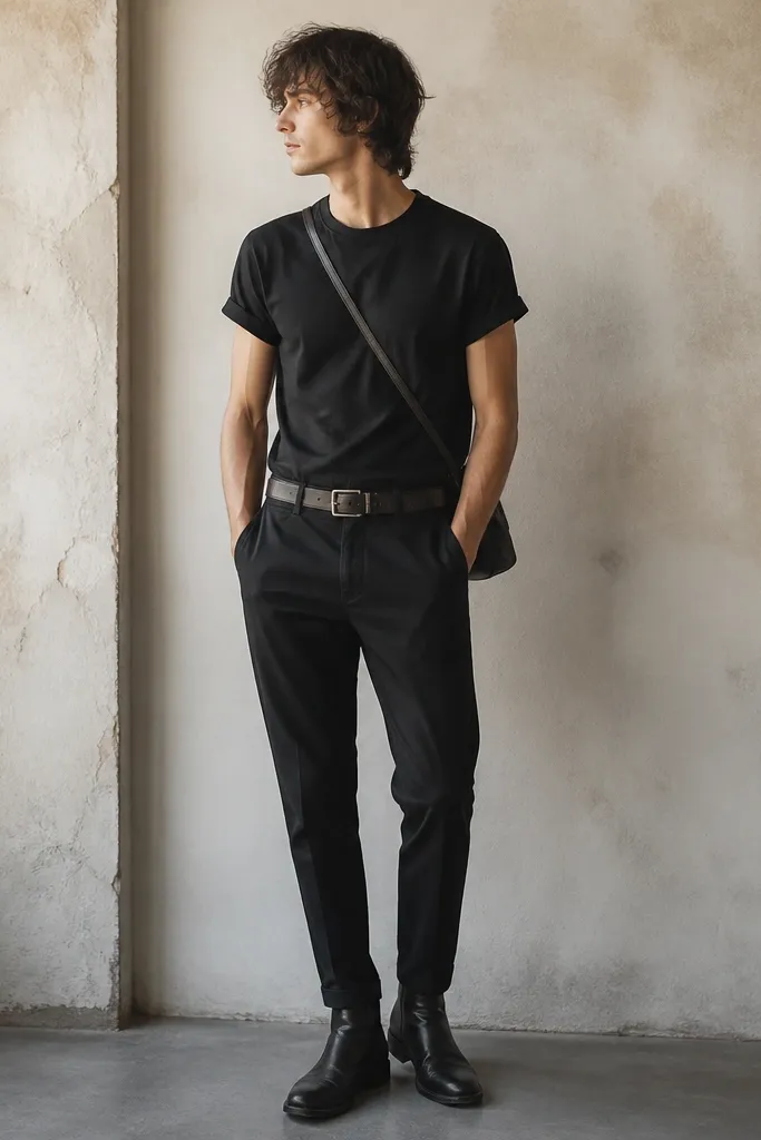 A black tee tucked slightly into tapered black pants. A distressed leather belt with a worn edge is clearly visible at the waist. The wearer has black boots and a small crossbody bag. The belt hardware looks scuffed, not polished.