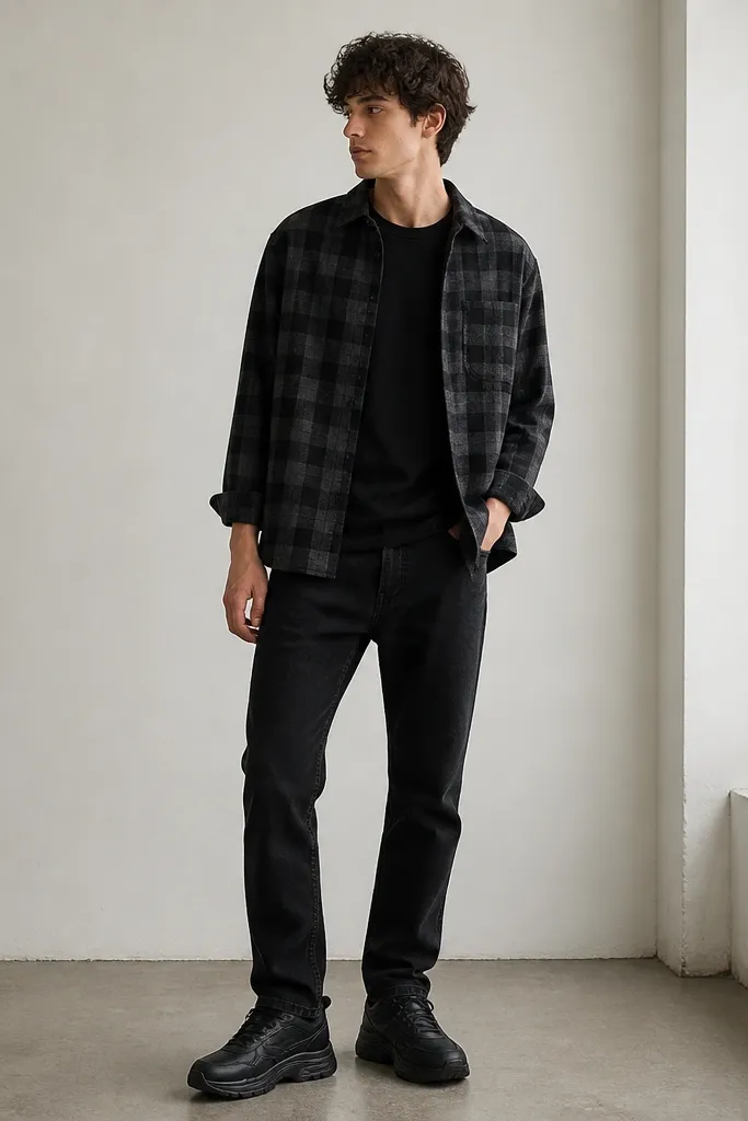 A black tee under a dark checkered overshirt. The overshirt is open at the front and the cuffs are rolled to show the tee sleeves. The wearer has black jeans and chunky black sneakers with thick soles. The check pattern is gray-black and not bright.