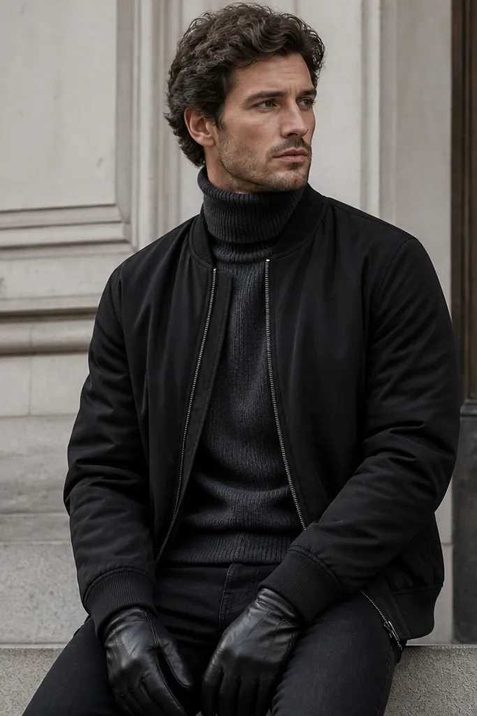 A charcoal turtleneck under a black bomber jacket. Leather gloves are visible at the hands. The bomber is matte with ribbed cuffs. The wearer has black jeans and dark boots. The turtleneck texture is clear and the collar sits snug.