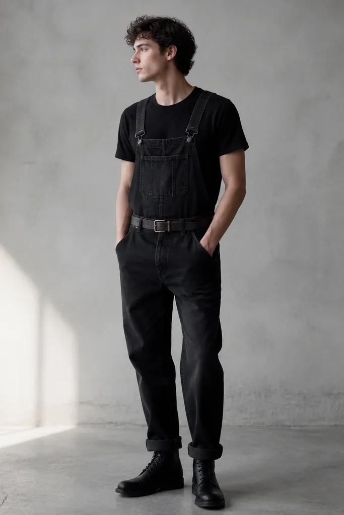 Black denim overalls worn over a black tee. The straps are rolled once at the top, showing denim folds. The wearer has black boots and a dark belt around the waist. The overall bib area is slightly faded and matte.