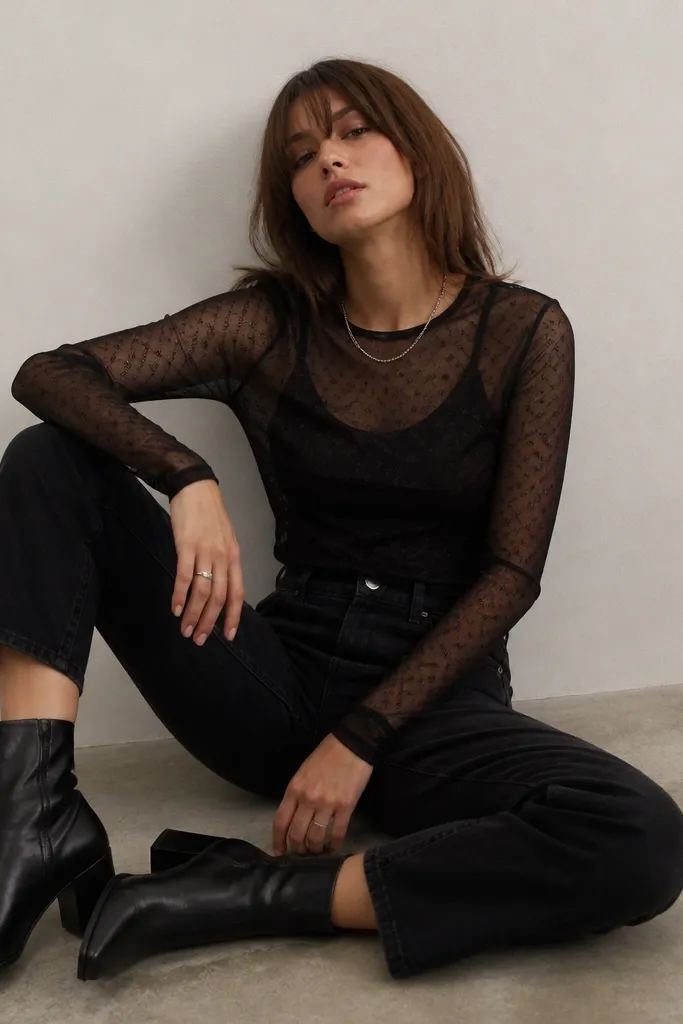 A black sheer mesh top layered over a black tank. The mesh has a subtle pattern and is see-through, with the tank underneath. The wearer has black jeans and black ankle boots. A silver ring and small chain are visible, with matte textures around.