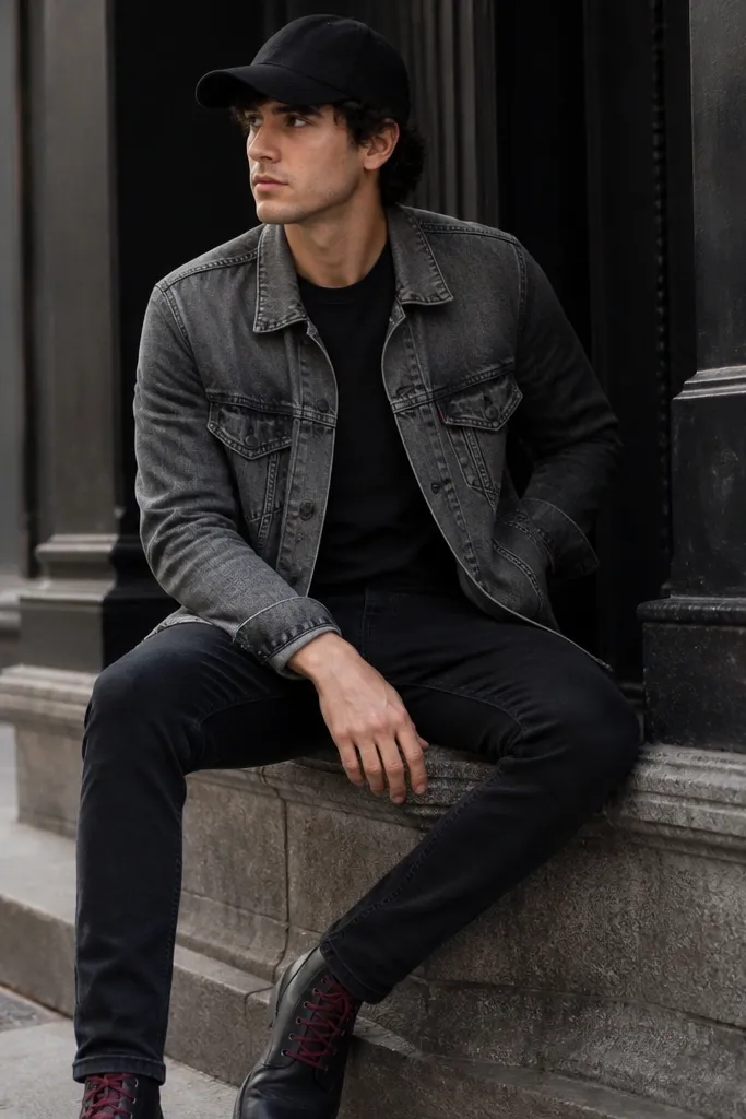 A grey-wash denim jacket over a black tee. The jacket has worn seams and a slightly faded collar. The shoes are black with visible oxblood shoelaces. The wearer has black jeans and a simple black cap.