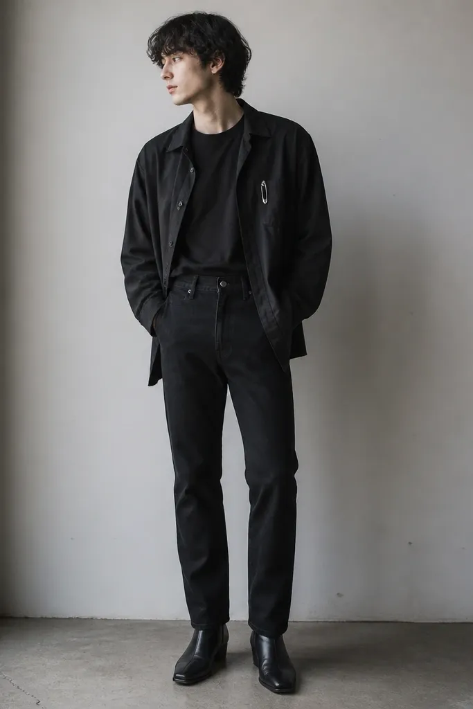 A black overshirt worn open over a black tee with a small safety pin attached near the chest pocket area. The overshirt fabric is matte and slightly wrinkled. The wearer has straight black jeans and black boots. A silver safety pin catches light.