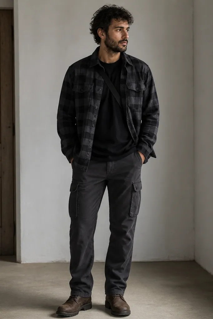 Man standing indoors wearing washed charcoal cargo pants with two side cargo pockets and a matte black crewneck tee inside a charcoal-and-black plaid flannel. The flannel is open, showing the tee and the flannel's worn cuffs. A black crossbody strap runs under the flannel, and boots are dark brown with a slightly scuffed toe.