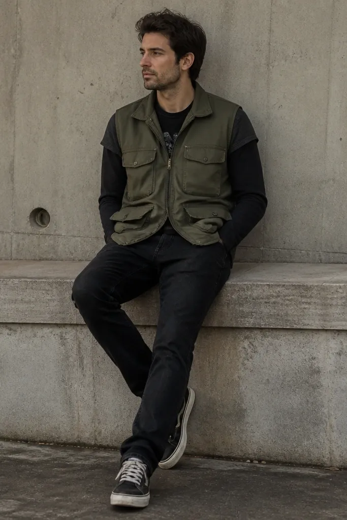 Man wearing a faded olive utility vest with multiple zip pockets and a couple of flap pockets. Under it, a black band tee with a cracked white graphic is visible at the neckline and sleeves. The vest is layered over a slightly wrinkled dark long-sleeve thermal. He has black jeans and worn sneakers with white midsoles.