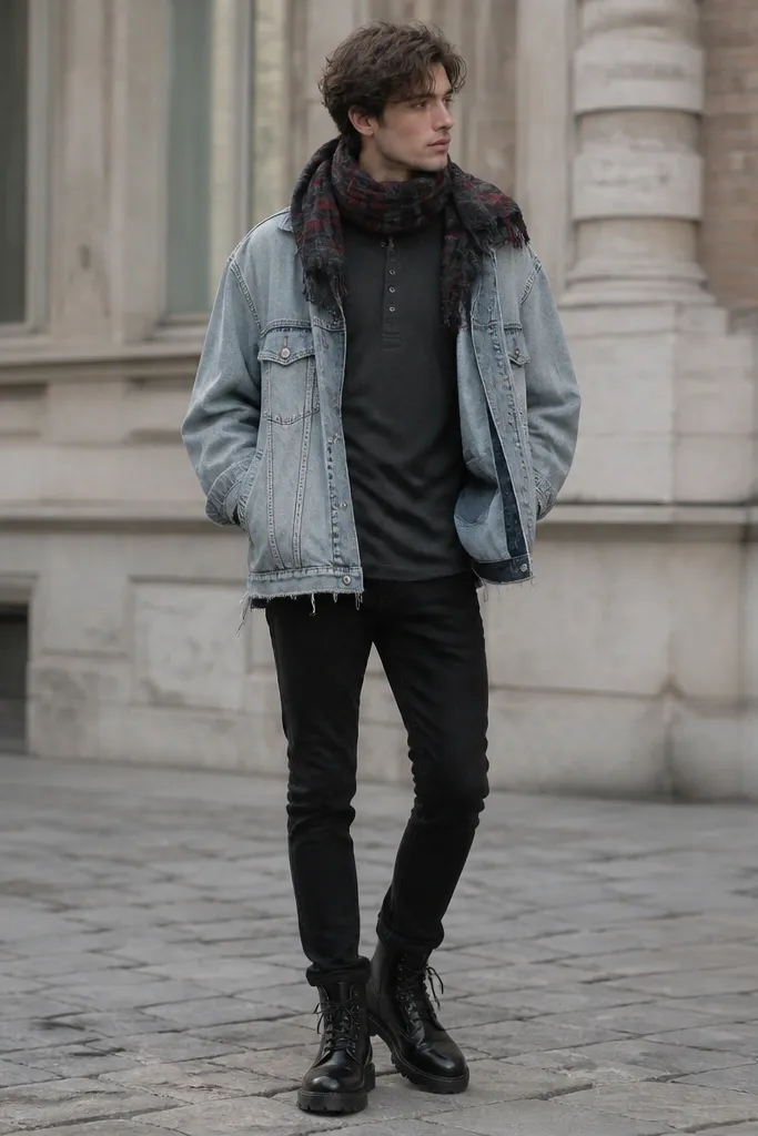 Man wearing an oversized light-wash denim jacket with a slightly frayed hem and visible stitching. The jacket has an interior pocket opening near the chest lining. He's wearing a dark gray henley and a black-and-red plaid scarf wrapped around his neck. The pants are black denim and the shoes are black combat boots.