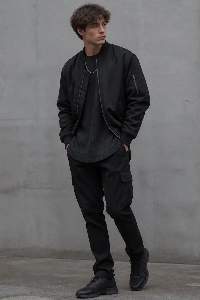 Man wearing a black bomber jacket with matte hardware and visible side pocket openings. Under the bomber is a longline thermal shirt in charcoal with wide ribbing. He has black cargo pants and a thin silver chain. He's holding nothing, hands in pockets, with black sneakers.