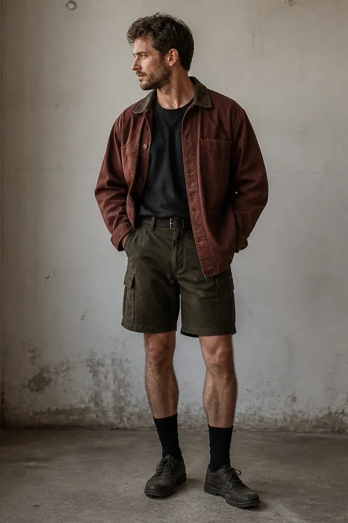 Man wearing a red-brown chore coat in heavy cotton with a worn collar. Under it is a dark olive utility short with a side pocket panel and a visible belt loop. His shirt is a faded black tee. He's wearing tall black socks and worn lace-up shoes.