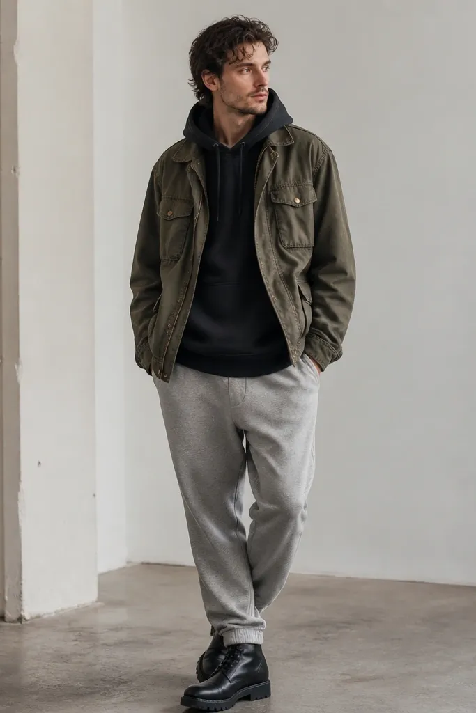 Man wearing a washed olive field jacket with brass buttons and multiple flap pockets. Under it is a black hoodie with a kangaroo pocket visible at the hem. He has gray sweatpants and black boots. The jacket is slightly open and the hoodie drawstrings hang loose.