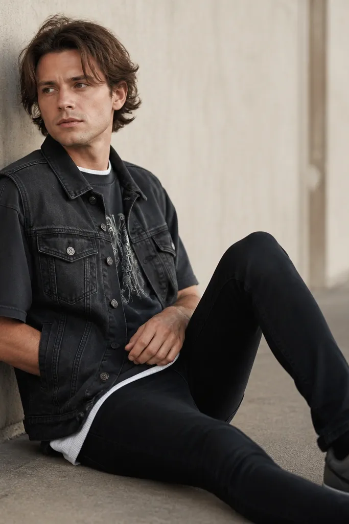 Man wearing a black denim vest with two chest pockets and a faint fade pattern. He has a white ribbed tank under a slightly oversized black band tee. The vest is buttoned up halfway. He's wearing black skinny jeans and gray sneakers.