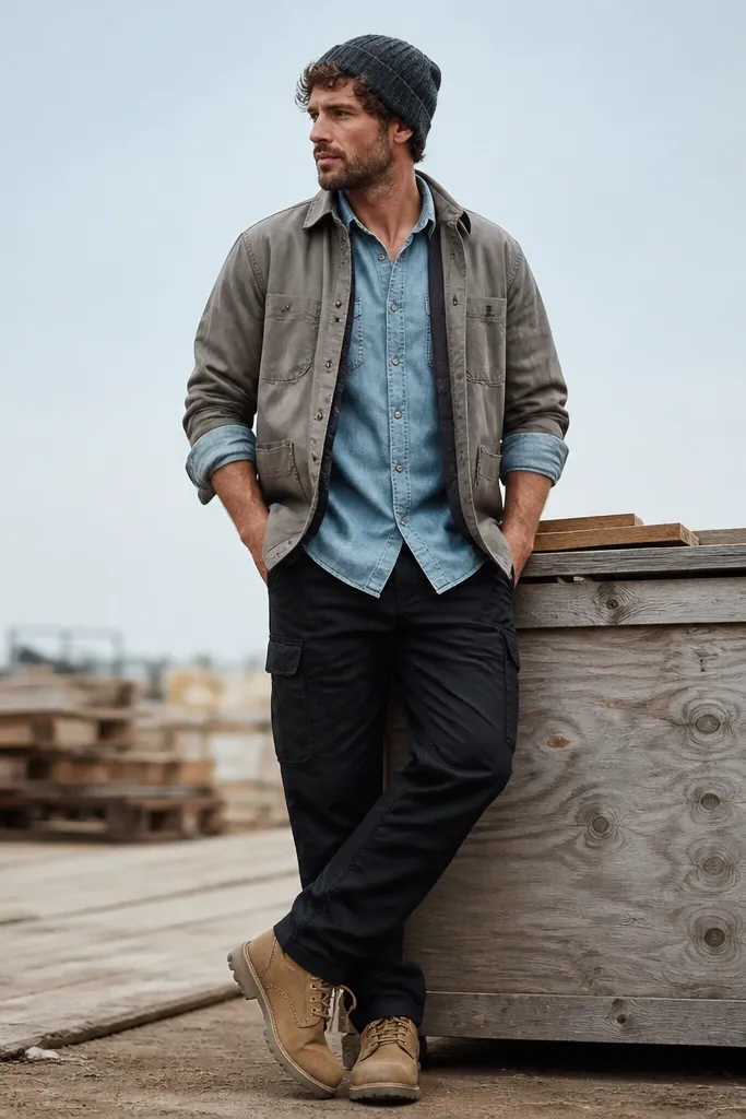 Man wearing a faded blue workshirt with rolled sleeves. Over it is an overshirt with a slightly darker lining showing at the inside seams and a few hidden pocket openings. He has black cargo pants and a gray knit beanie. Shoes are tan work boots.