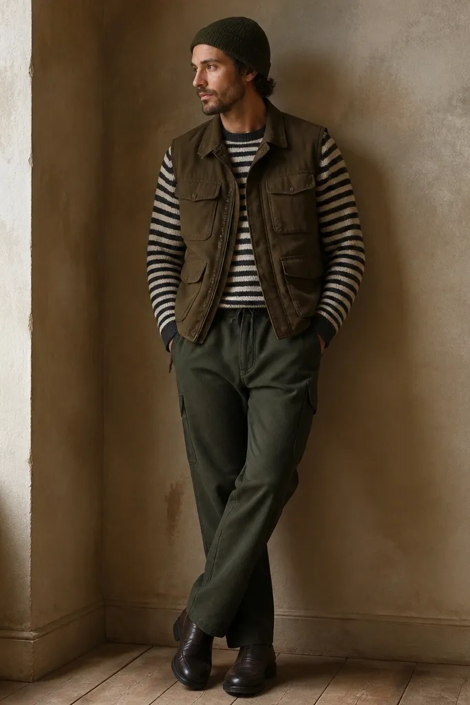 Man wearing a brown field vest with multiple pockets and a striped thermal shirt underneath in black and cream. He has drawstring pants in dark green with side pocket openings. A knit cap sits on his head, and his shoes are dark loafers or boots.