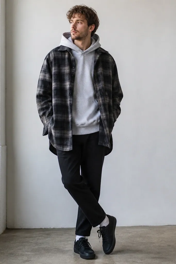 Man in a light gray hoodie with a visible kangaroo pocket. Over it is an oversized black-and-gray plaid shirt worn open. The plaid shirt has side-seam openings that look like pockets, and the hem hangs long over black jeans. He's wearing white socks and black sneakers.