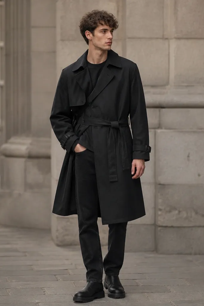 Man wearing a black trench-style coat with a belt and subtle storm flap. The coat has hidden belt loops and internal pocket openings at the waist level. He wears a dark t-shirt and black jeans. A crossbody strap runs under the coat, mostly hidden, and he has black boots.