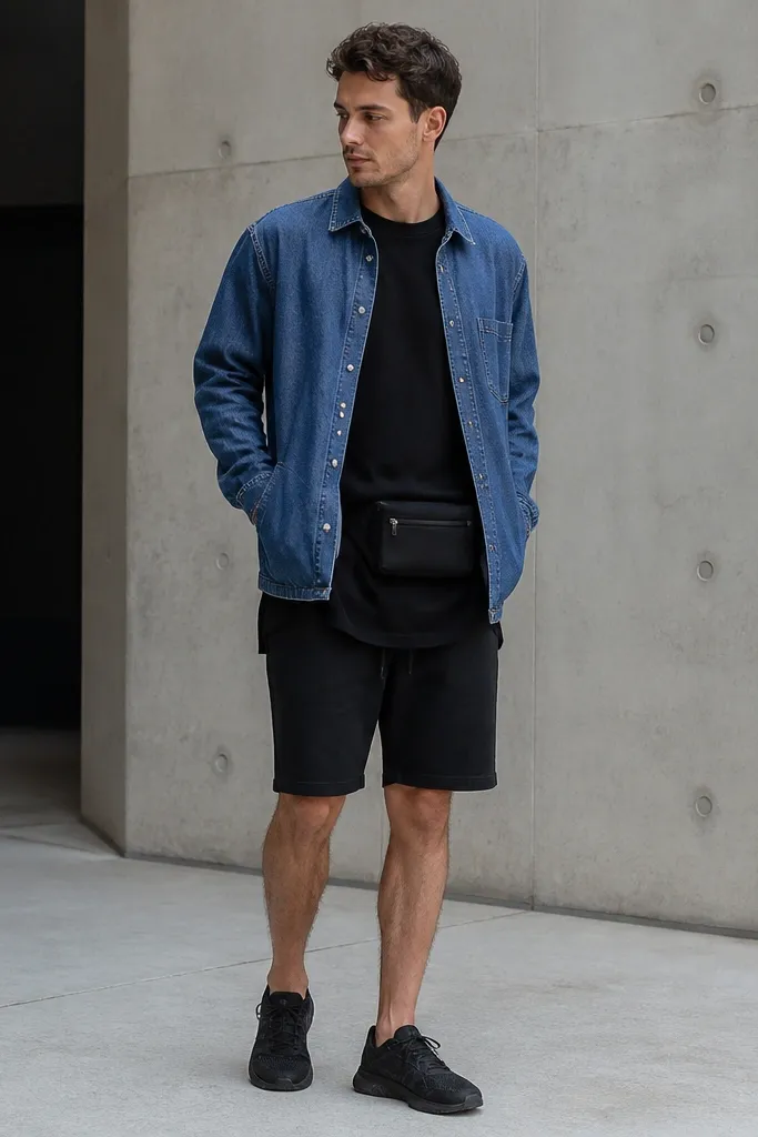 Man wearing a medium-wash denim shirt jacket with buttons. Under it is a long black tee that extends past the hips. A utility belt pouch sits at the front waist with a zipper, partially visible under the tee. He wears black shorts or slim pants and dark sneakers.