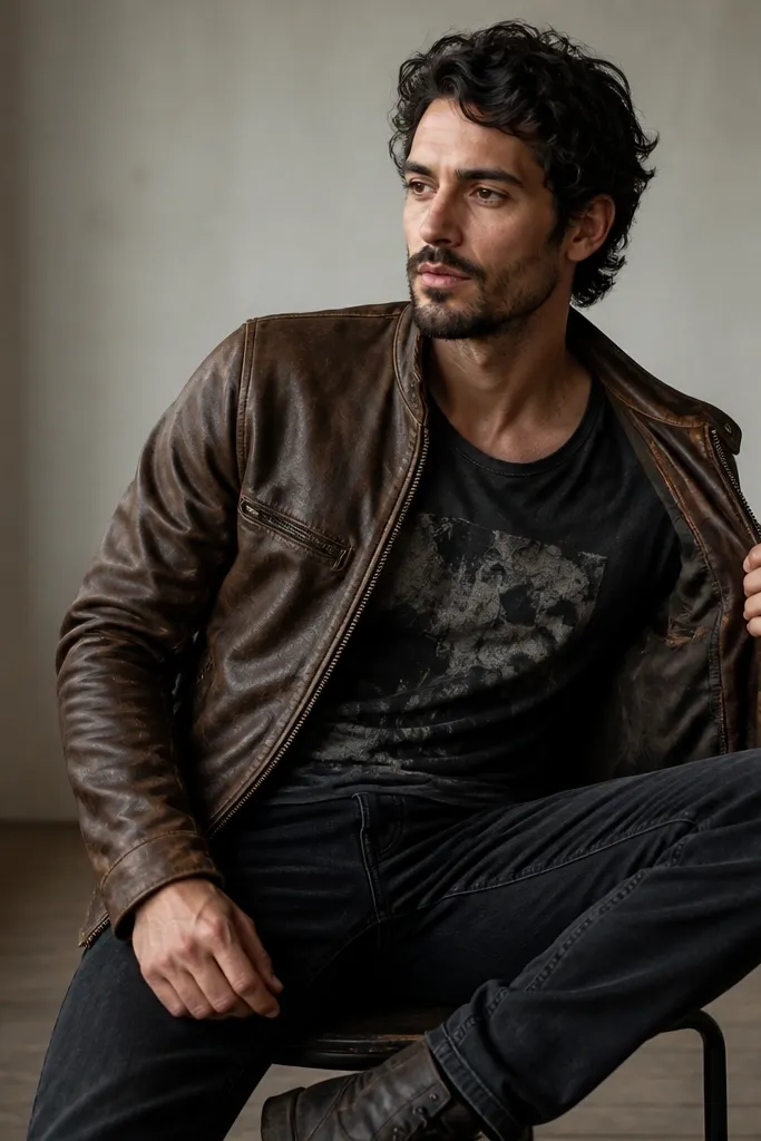 Man wearing a worn brown leather jacket with a slight sheen but not glossy. The jacket has an interior pocket opening near the chest lining. Underneath is an acid-washed black and gray tee with a faded graphic. He has black jeans and scuffed boots.