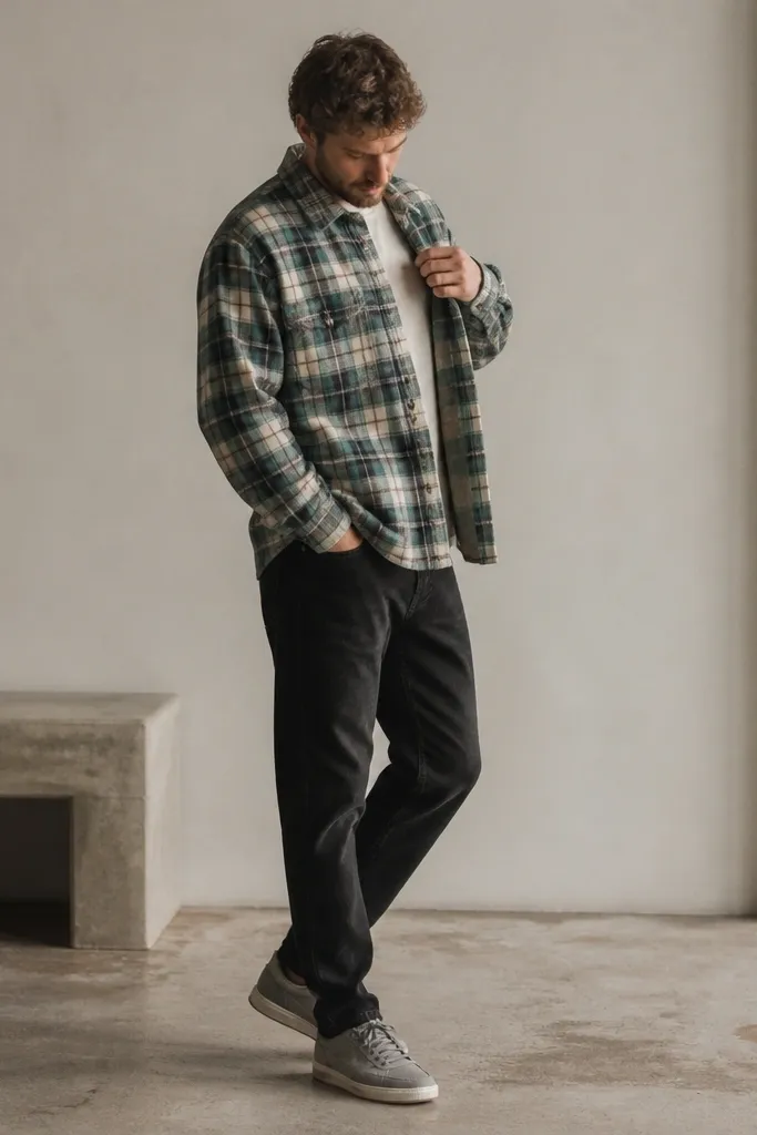 Man wearing a patterned flannel button-up in muted teal, charcoal, and cream. The flannel is slightly oversized and buttoned halfway. Inside the flannel, a visible inner pocket opening suggests a pencil or slim pocket carry. He wears black jeans and gray sneakers.