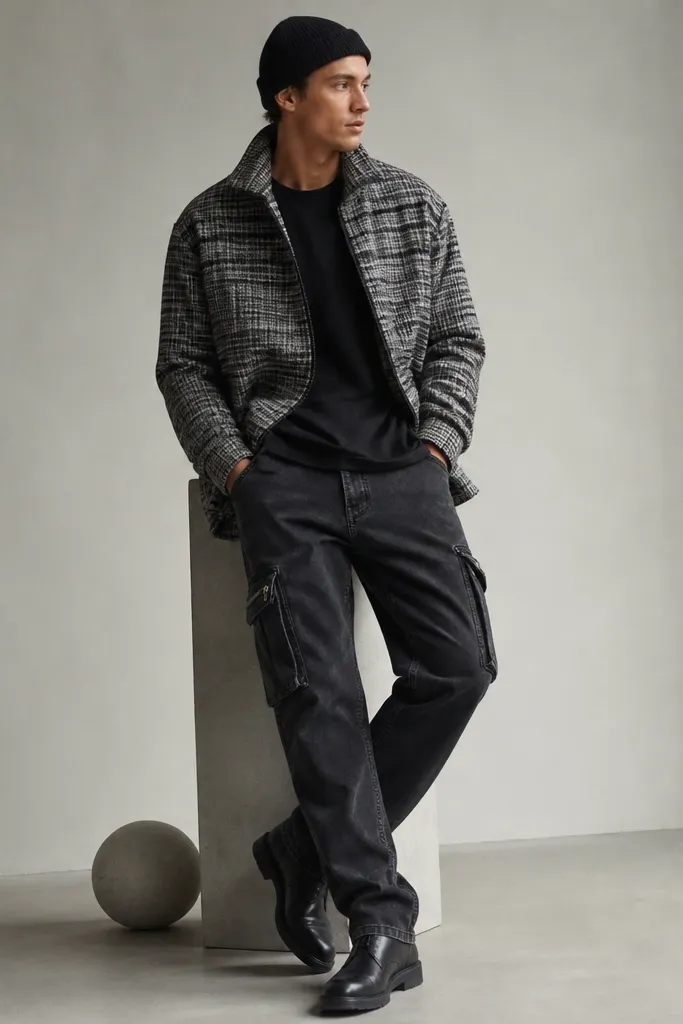 Man wearing a black-and-white checkered overshirt with a slightly high collar and open front. He has cargo jeans with zipper thigh pockets and a dark wash. A black tee sits under the overshirt. He wears black leather shoes and a knit beanie.