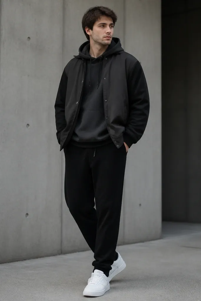 Man wearing a two-tone hoodie in black and charcoal with a visible hood. Over it is an oversized coach jacket in black with a slightly lighter gray body panel. There's a subtle seam that suggests a secret pocket near the wrist cuff. He wears black sweatpants and white sneakers.