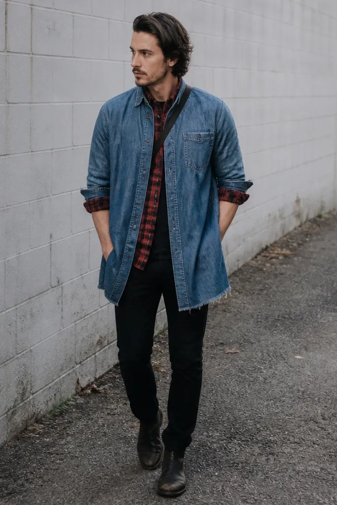 Man wearing a longline denim overshirt in mid-wash with a slightly frayed hem. Under it is a rolled-sleeve flannel in black and red. A black crossbody bag is hidden under the overshirt at the side seam. He has black jeans and worn boots.