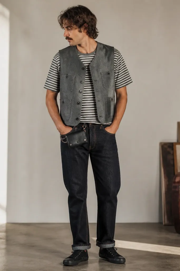 Man wearing a grey twill chore vest with two chest pockets and a small coin pocket. Under it is a cropped striped tee in white and charcoal. He has a pocketed belt wallet clipped at the front. Pants are dark denim and he wears black sneakers.